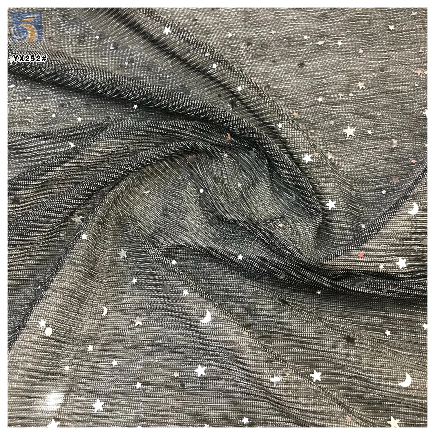 YX252 Luxurious New Design 100%Polyester Rib Knitted Glitter Lurex Fabric With Star and Moon Sequin Embroidery - 图片 5