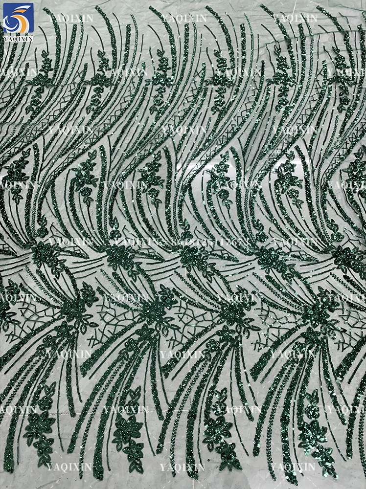 YX1173-1 200gsm Cheap Knitted Embroidery Africa Sequin Lace Fabric Decorated With Sequins Mint Green Lace Fabric 1 Yard OEM - 图片 3