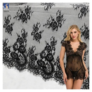 YX1041 High-Quality Sheer Breathable Soft Black Lace Fabric Lightweight Polyester Embroidered Flower Eyelash Lace Fabrics
