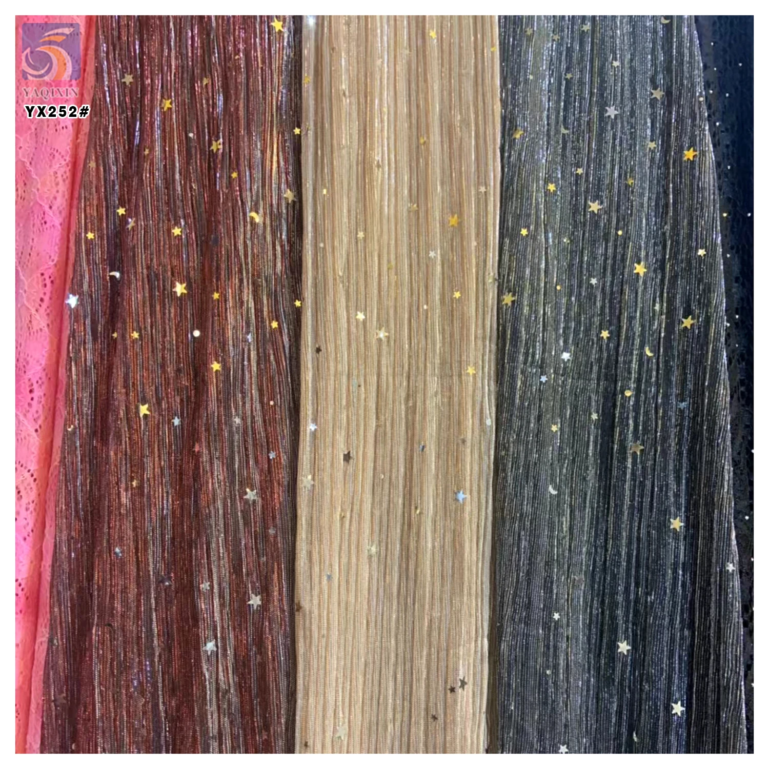 YX252 Luxurious New Design 100%Polyester Rib Knitted Glitter Lurex Fabric With Star and Moon Sequin Embroidery - 图片 6