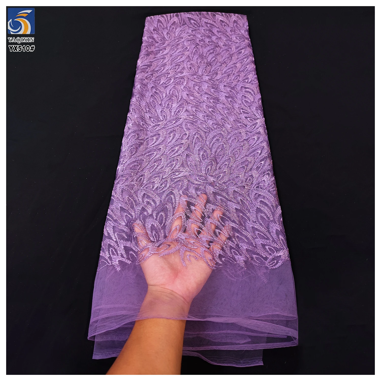 YX510 2025 Ready-made Custom Purple Polyester Embroidery Feather Tulle Fabric - 图片 3