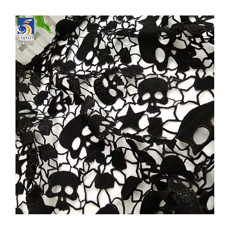 YX882 200gsm Halloween Black Milk Silk Embroidery Lace Embroidery Fabric Holiday Halloween Skull Net Mesh Fabric - 图片 4