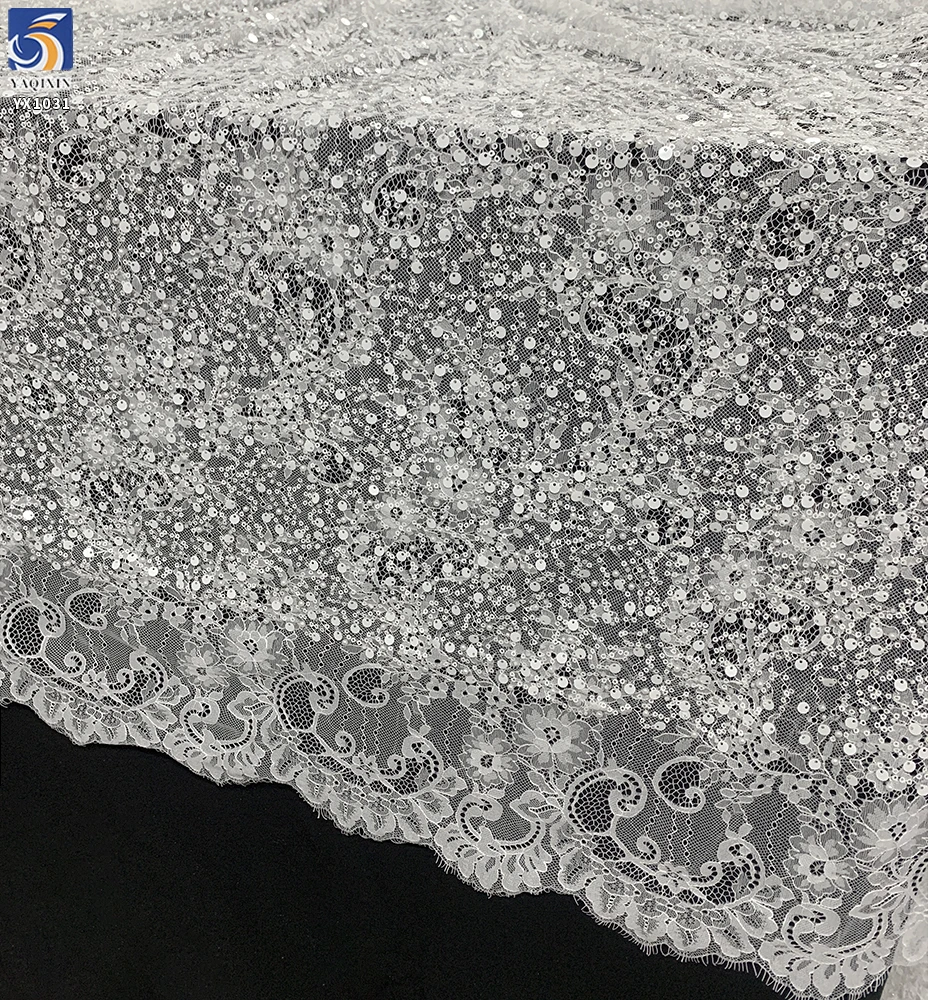 YX1031 7 Days Sample Custom Fabric Eyelash White Lace Fabrics 3D Beaded Sequins Wedding Eyelash Lace Fabrics Textiles - 图片 6