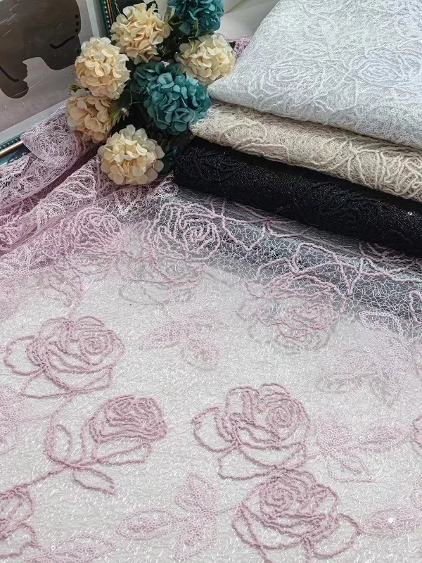 YX1219 2026 New Custom Light Pink Color Rose Embroidered Mesh Fabric Rope Embroidery Fabric 5 Yards for Girls' Clothing - 图片 6