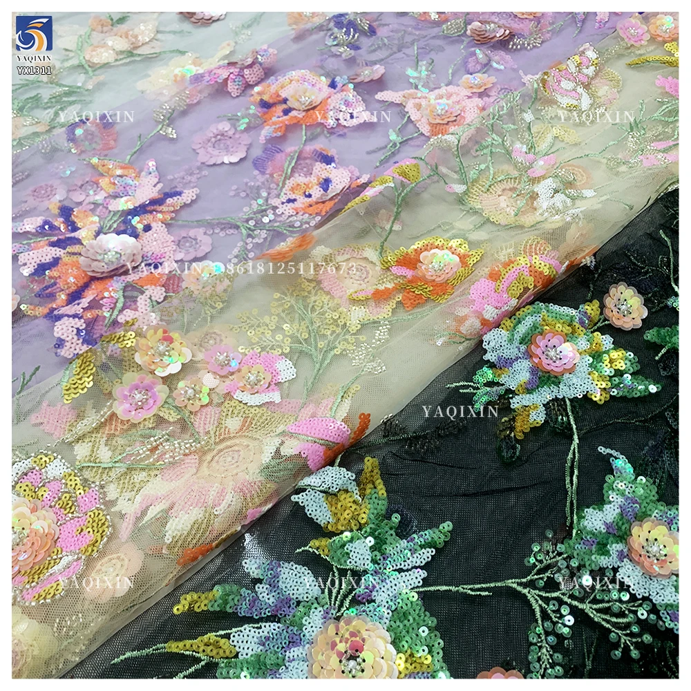 YX1311 Heavy Embroidery Pearls Sequins Lace Fabric Flowers Handmade Embroidered Lace Fabric Most Popular in Chinese 2026 - 图片 4