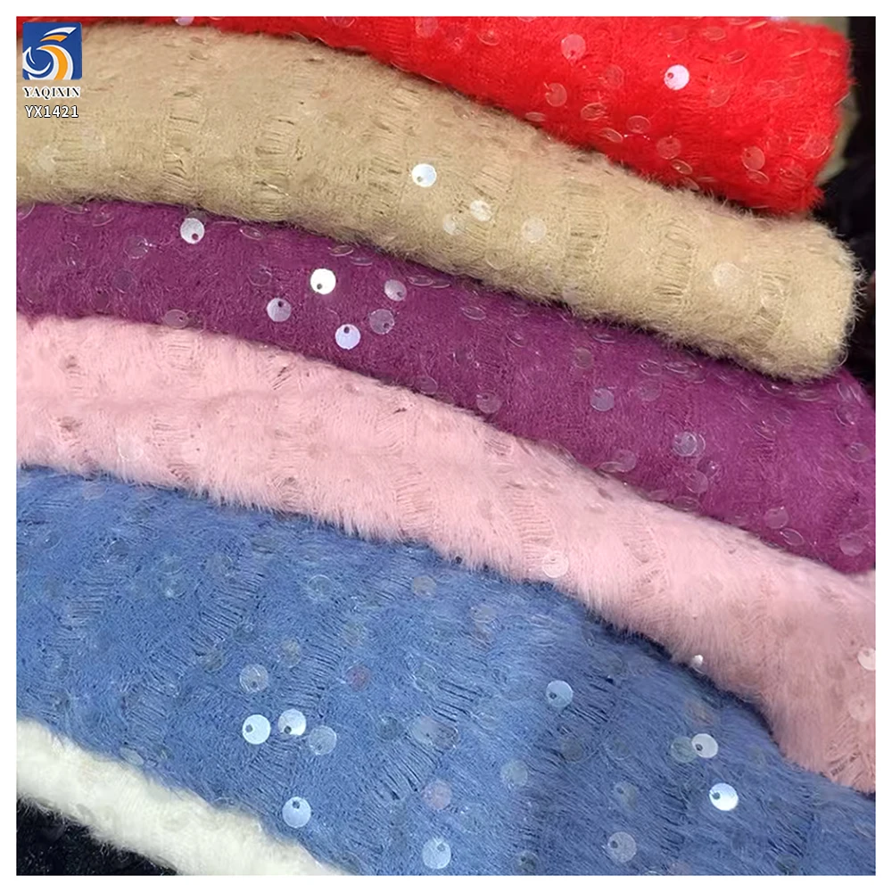 YX1421 High Quality Knit Blend Yarn Polyester Feather Jacquard Fabric With Sequins Winter Thick Fashion Fabric for Woman - 图片 4