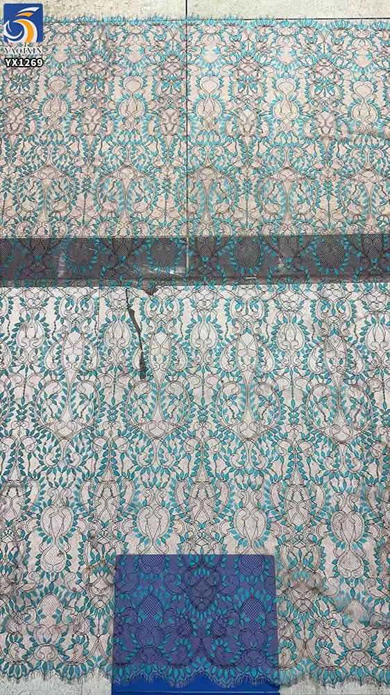 YX1269-1 France Elegant Style Two-Tone Eyelash Lace Fabric Polyester Cyan-Blue Hot Selling Tulle Lace Fabric for Garments - 图片 4