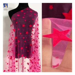 YX1113 High Quality 40g Lightweight Pink Tulle Flocking Five-Pointed Stars Fabric Stars Mesh Tulle Fabric for Girls Skirts