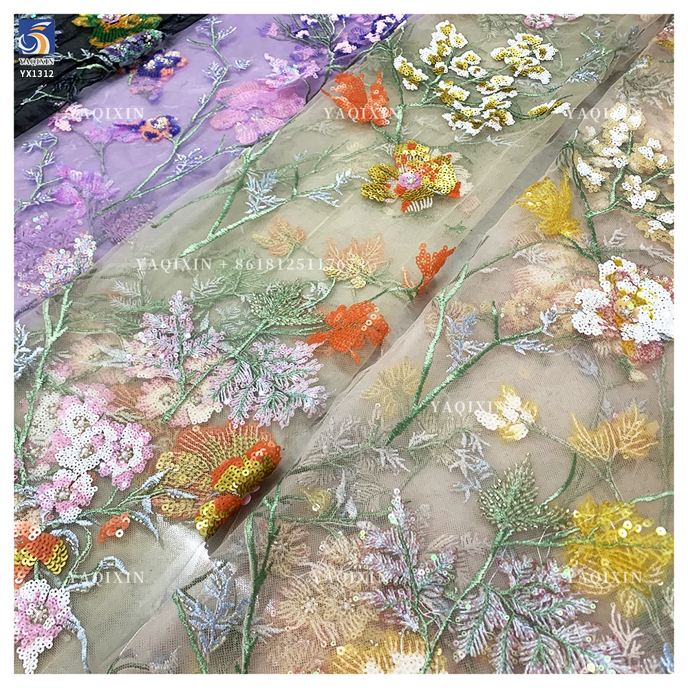YX1312 Best-Selling Colorful Florals Pattern Beaded Sequin Fabric Lace Diy Custom Heavy Embroidery Flowers Dresses Fabric - 图片 5