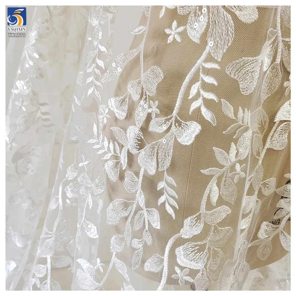 YX1278 10 Yards Low Price Cheap White Tulle Fabric Lace Water-Soluble Embroidery Leaf Pattern Lace Fabric for Chinese Brides - 图片 6