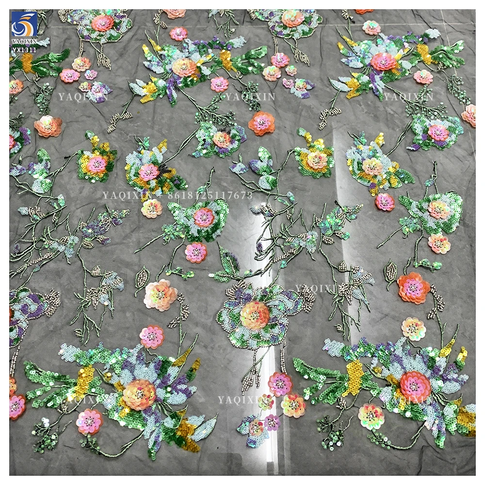YX1311 Heavy Embroidery Pearls Sequins Lace Fabric Flowers Handmade Embroidered Lace Fabric Most Popular in Chinese 2026 - 图片 2