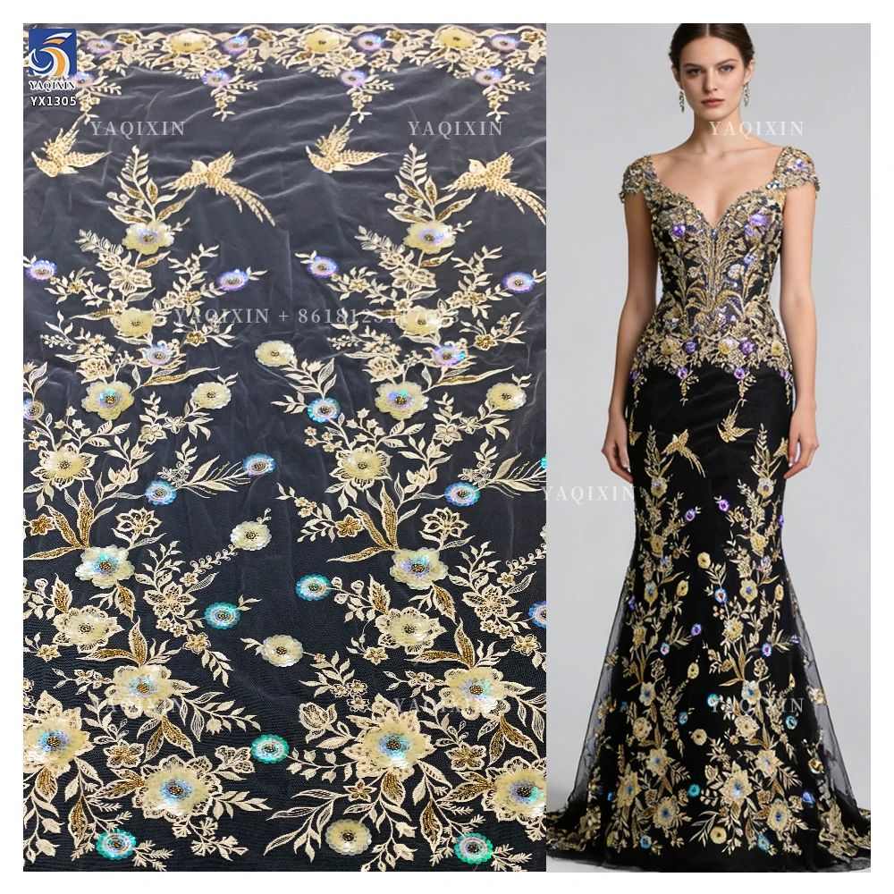 YX1305 Chinese Palace Luxury Style 3D Flower Sequin Colored Lace Mesh Fabric Textile Elegant Embroidered Tulle and Lace Fabric