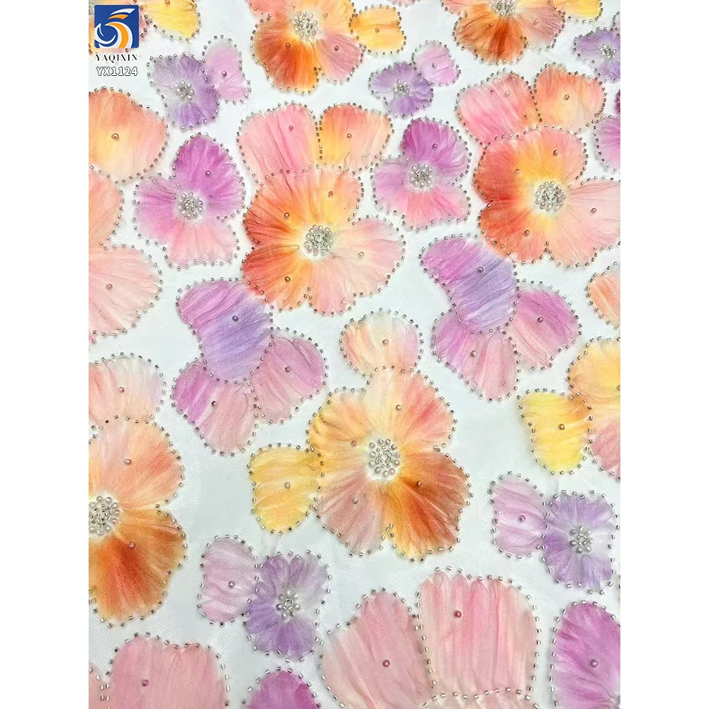 YX1124 Colorful Florals Tulle Fabric 3D Flower Embroidery French Romantic Women's Dress Tulle Fabric With 3D Pearl Beads - 图片 5