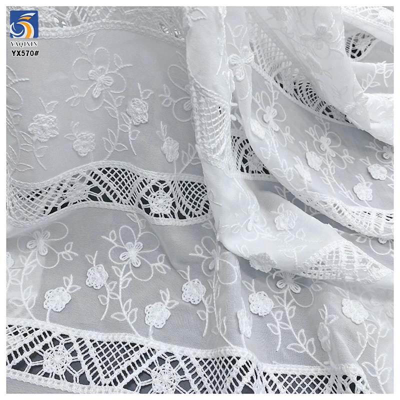 YX570 New Laser Milk Silk Polyester White Embroidery Chiffon Fabric Flowers Floral Embroidered for Women Dresses - 图片 6