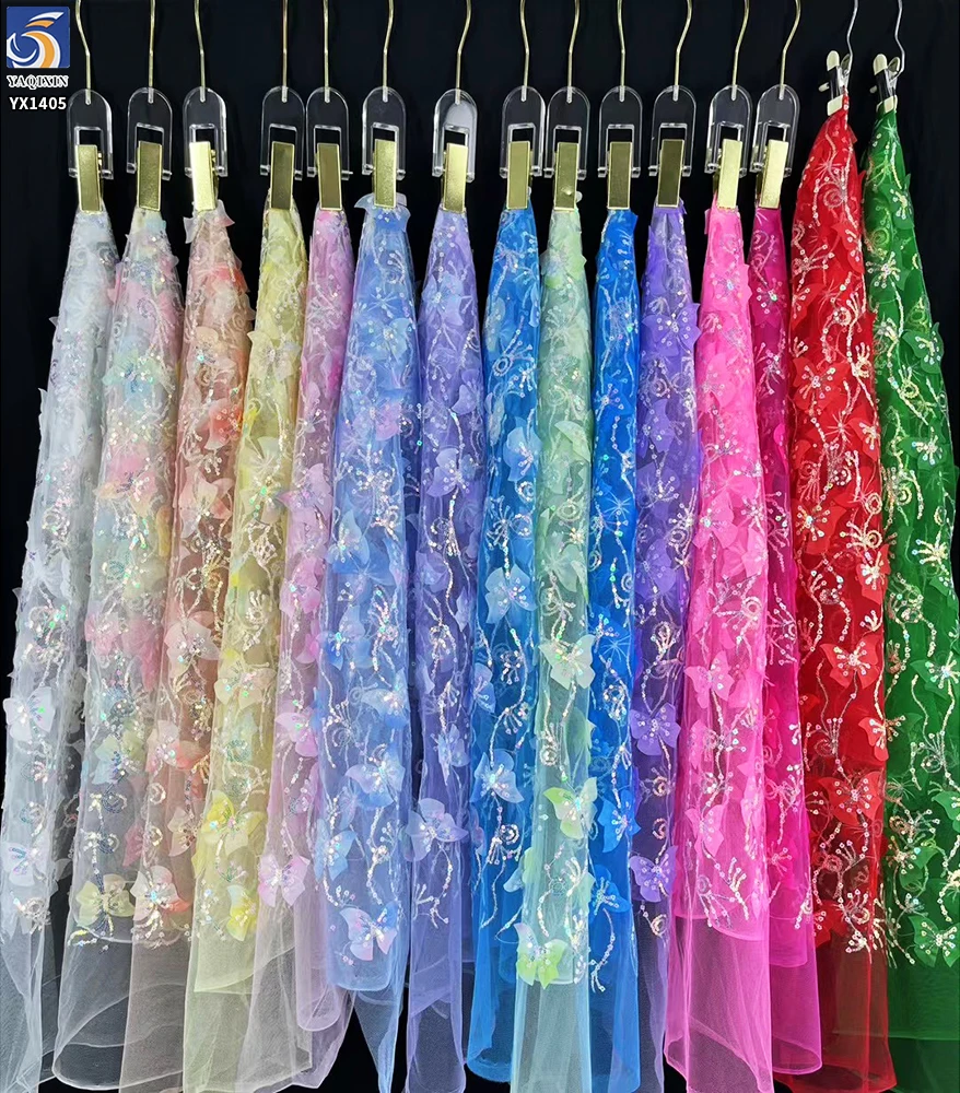 YX1405 New Beautiful Laser Gradient Pink Embroidery 3D Butterfly Mesh Fabric With Sequins and Glitter Girl Dress 3D Tulle Fabric - 图片 2