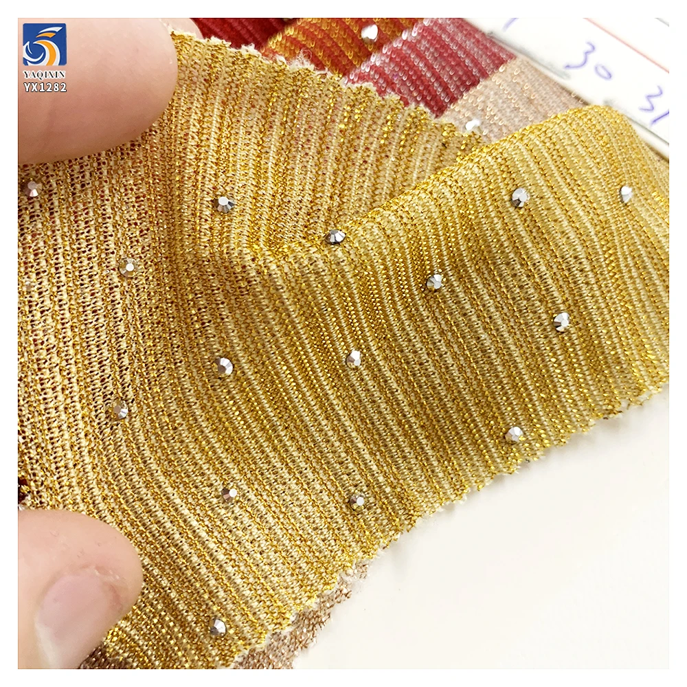 YX1282 Recently Popular Polyester Knitted Chiffon Striped Fabric With Rhinestones Latin Dance Costume Lurex Chiffon Fabric - 图片 2