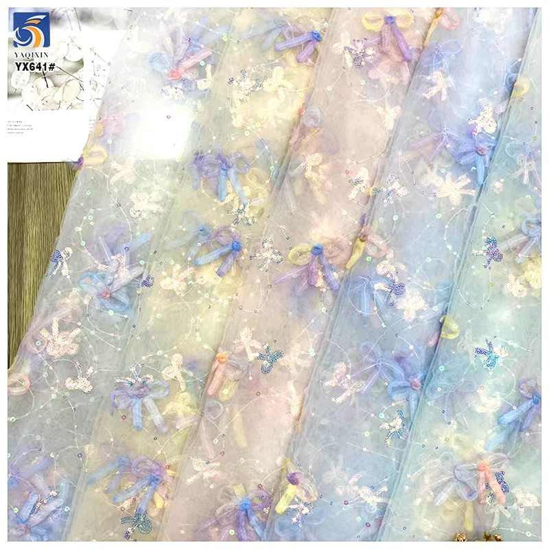 YX641 Princess Dress Lolita Children's Clothing Fabric Sequin Gradient Tulle Embroidered 3D Flowers Mesh Fabric