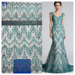 YX1269-1 France Elegant Style Two-Tone Eyelash Lace Fabric Polyester Cyan-Blue Hot Selling Tulle Lace Fabric for Garments