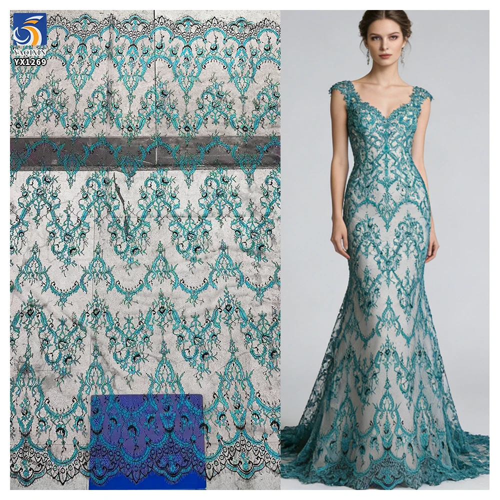 YX1269-1 France Elegant Style Two-Tone Eyelash Lace Fabric Polyester Cyan-Blue Hot Selling Tulle Lace Fabric for Garments