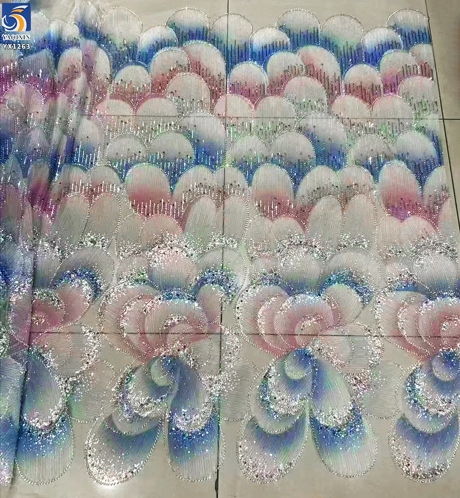 YX1263 New Arrival Mermaid Design Dress Fabric 3D Printed Floral Embroidery Colorful Mesh Lace Fabric With Bead 5 Yards - 图片 5