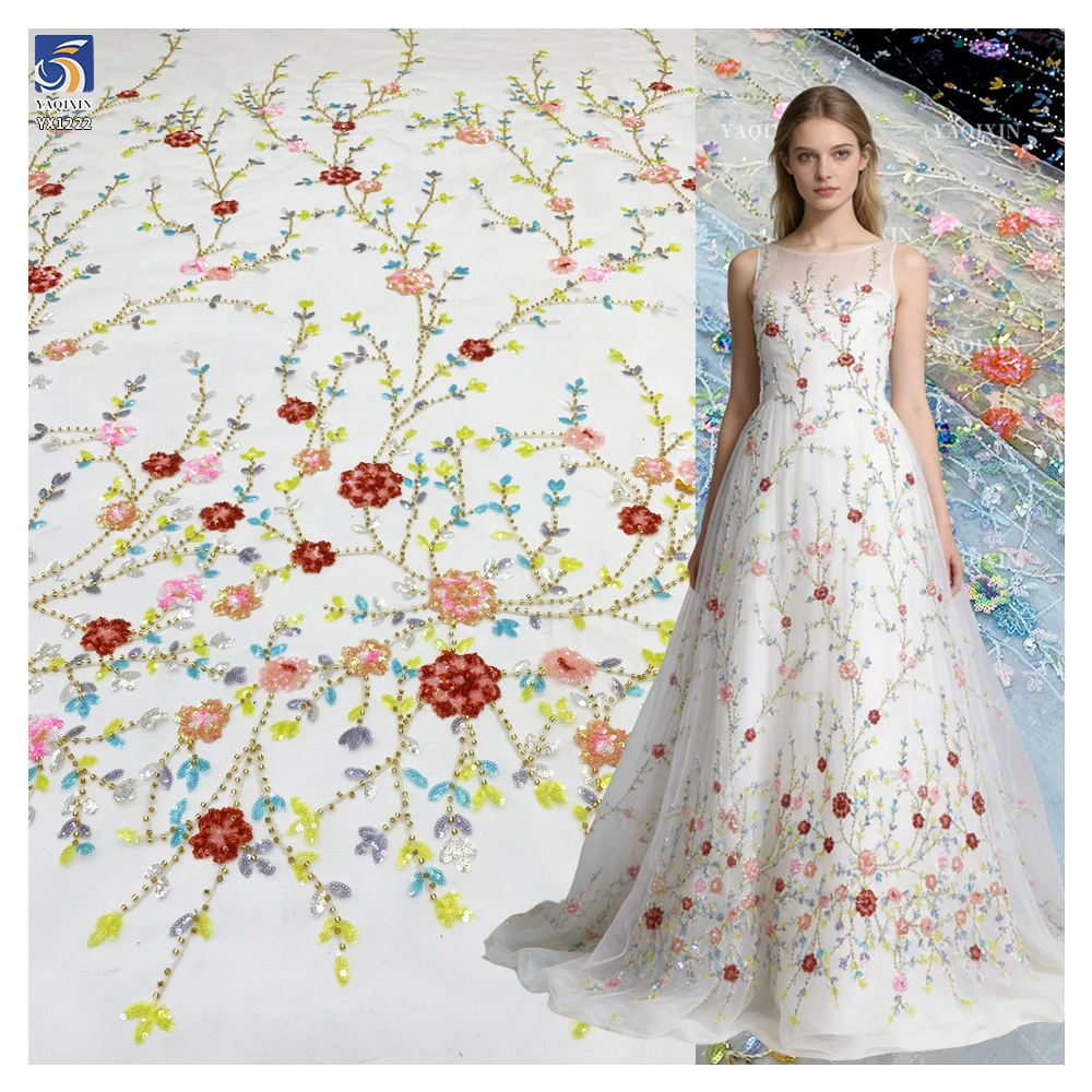 YX1222 Exquisite Colorful Sequins Embroidery Dresses Lace Mesh Flowers Fabric for Girls Skirts Shiny Flowers Dress Fabric