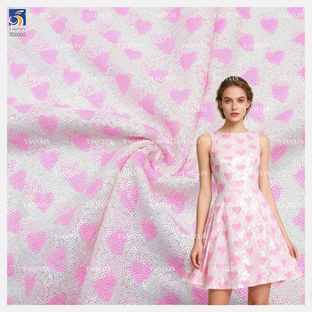YX1244 New Arrival 3mm Holographic Sequin Embroidery Fabric for Women American Pink Valentine's Day Dreamy Heart Sequin Fabric