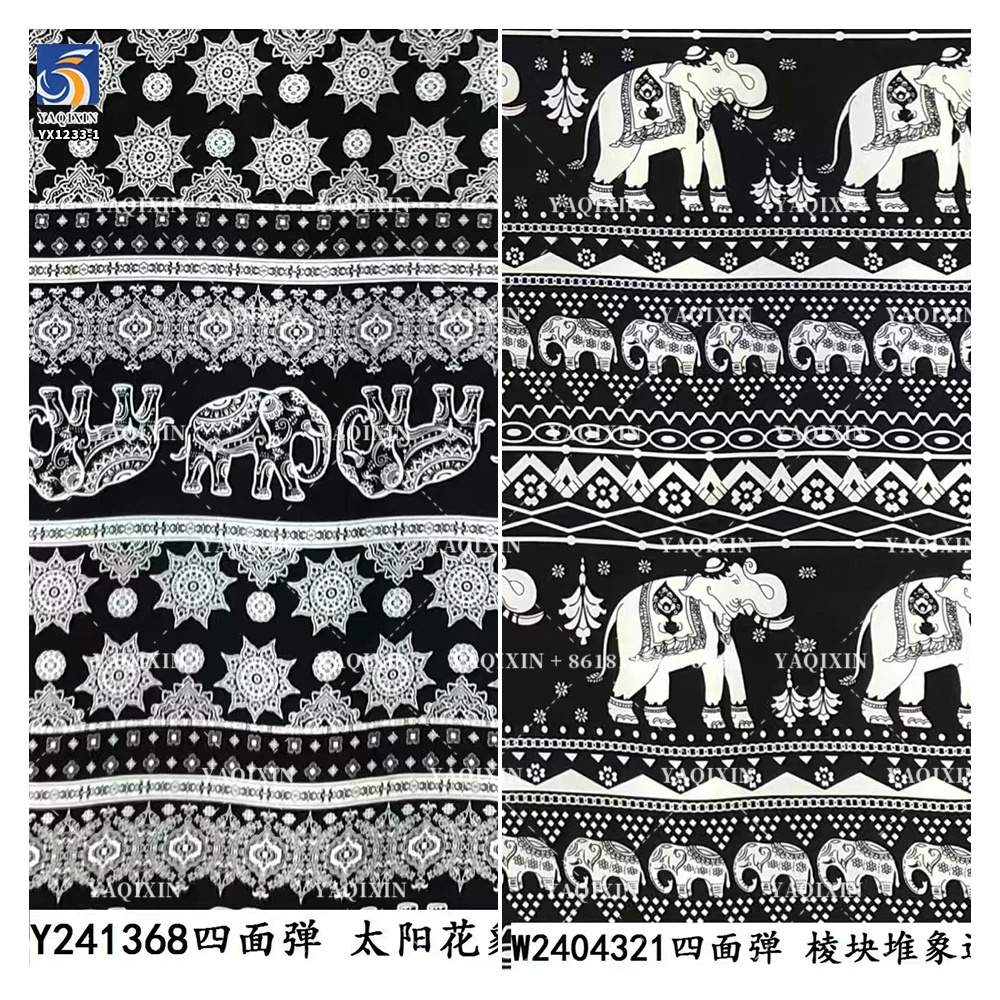 YX1233-1 Custom 100D Chiffon 4 Way Stretch Polyester Print Fabric African Tribal Totem Animal Elephant Pattern Print Fabric - 图片 5
