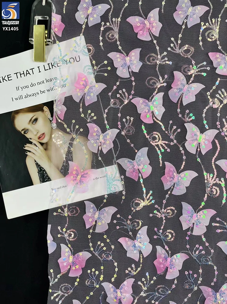 YX1405 New Beautiful Laser Gradient Pink Embroidery 3D Butterfly Mesh Fabric With Sequins and Glitter Girl Dress 3D Tulle Fabric - 图片 5