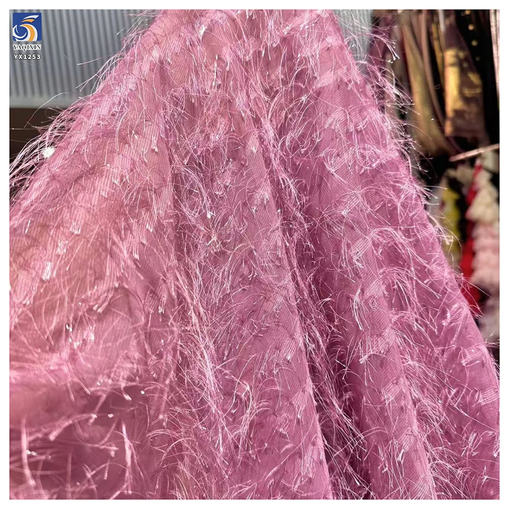 YX1253 Korean Style Design Feather Tassel Lurex Chiffon Fabric Fashionable New Garment Jacquard Fabric for Girls Costumes - 图片 4