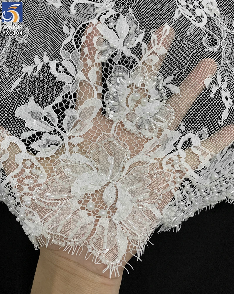 YX1104 300*150CM White Polyester Eyelashes Lace Fabric for Home Textiles High-End Hand-Sewn Bone Thread Beaded 3D Lace Fabric - 图片 5