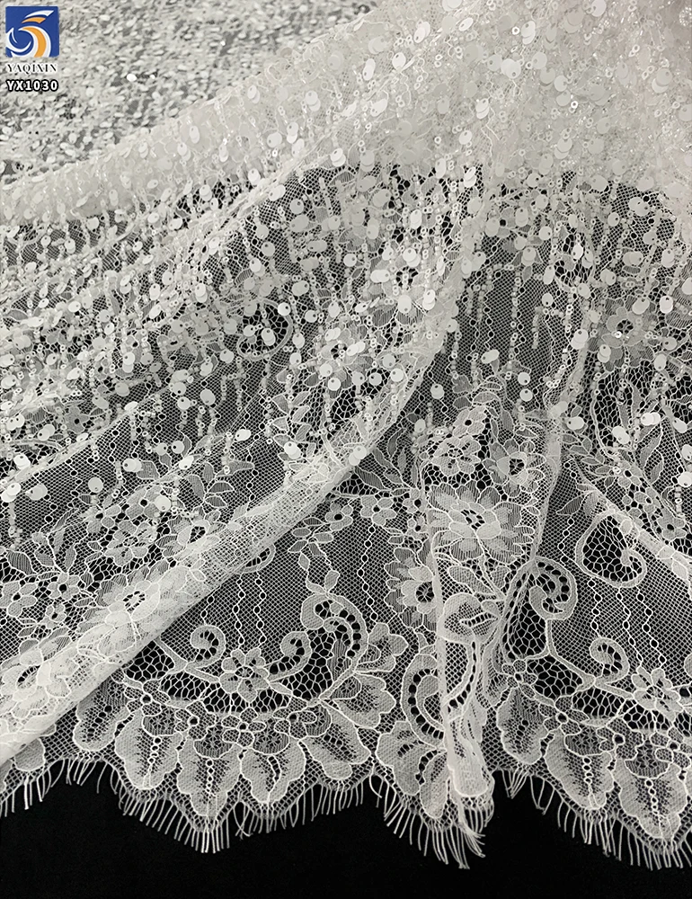 YX1030 300CM*150CM Eyelash White Wedding Bridal Lace Fabrics Heavyweight Beaded Sequin Embroidery Lace Fabrics White - 图片 4