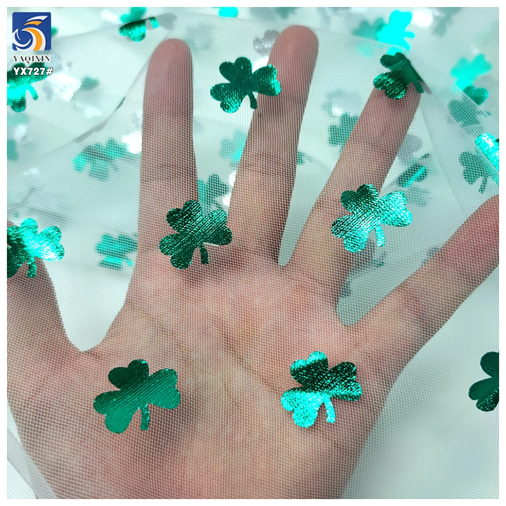 YX727 New Green Clover Printed Tulle Fabric St. Patrick's Day Holiday Printed Green Leaves Mesh Fabric Girls' Skirts Knitted - 图片 5