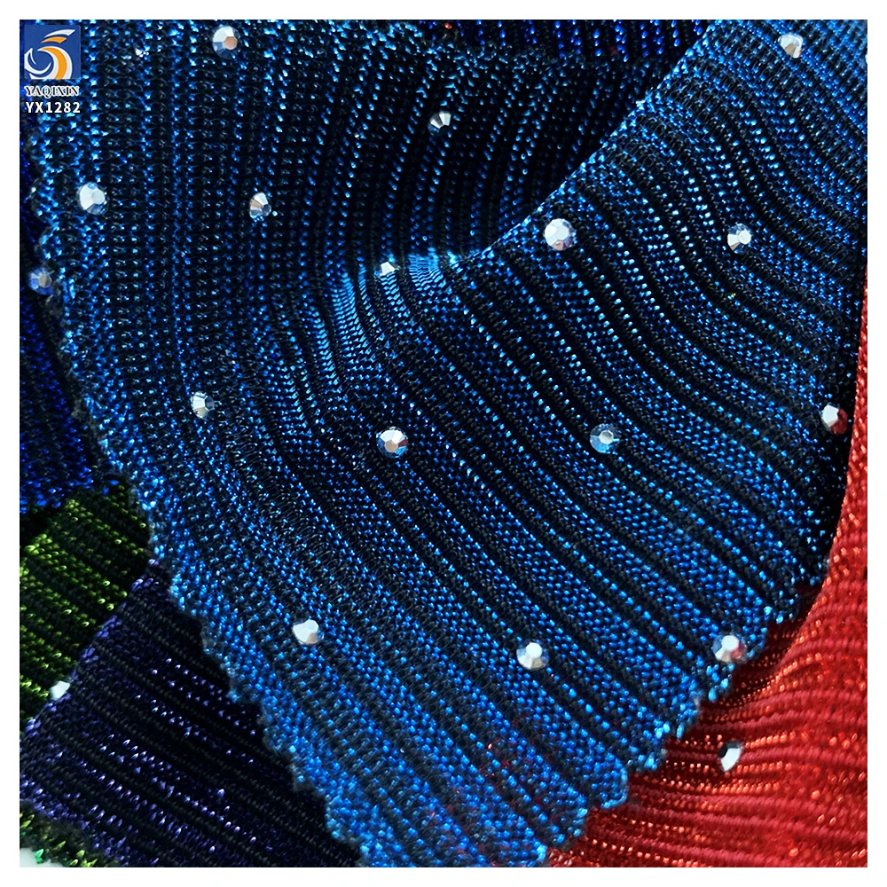 YX1282 Recently Popular Polyester Knitted Chiffon Striped Fabric With Rhinestones Latin Dance Costume Lurex Chiffon Fabric - 图片 6