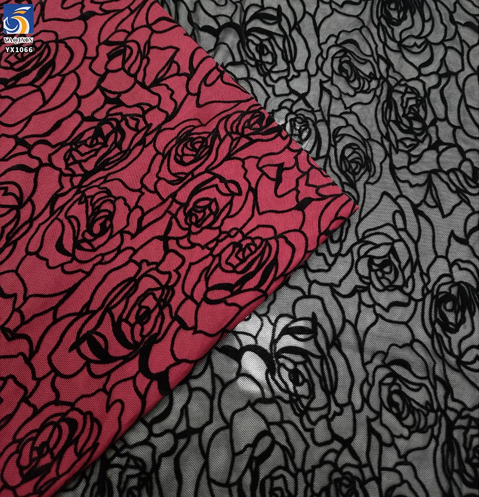 YX1066 Nylon/Spandex Elastic Mesh Women's Underwear Fabric Flocking Black Rose Flower 4 Way Stretch Flocked Tulle Fabric - 图片 6