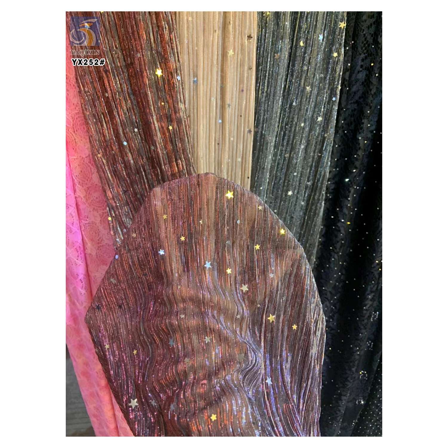 YX252 Luxurious New Design 100%Polyester Rib Knitted Glitter Lurex Fabric With Star and Moon Sequin Embroidery
