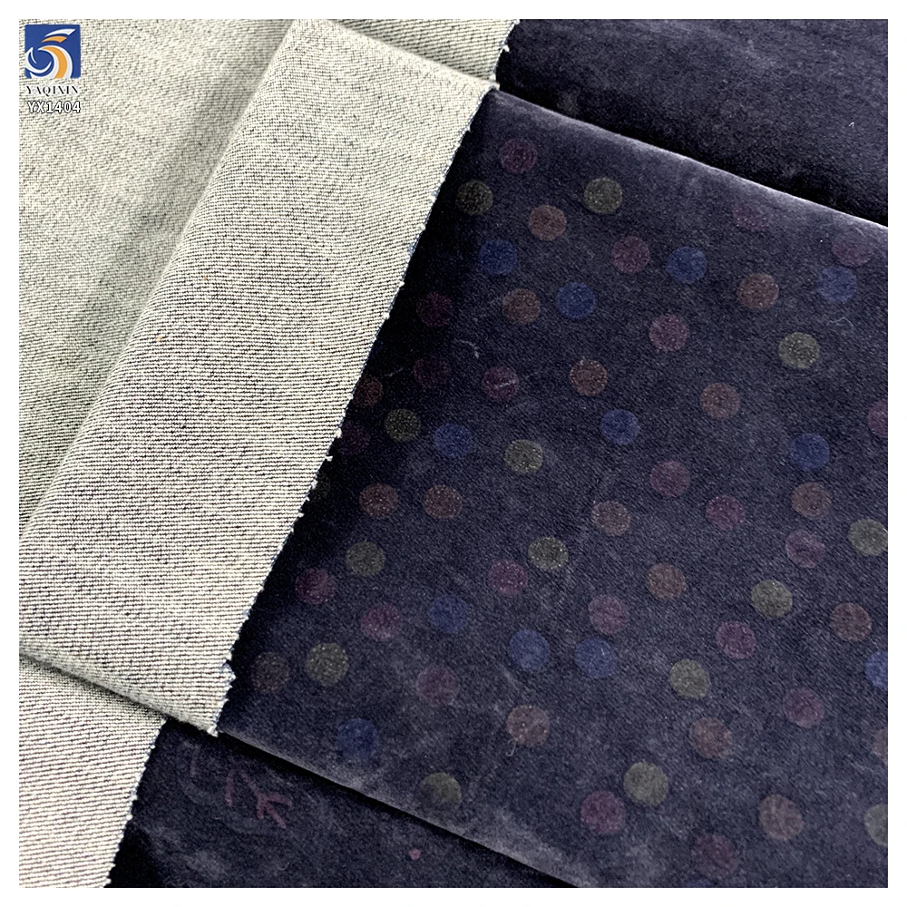 YX1404 New Design Fashion Denim Fabric 2026 10oz Stretch Polka Dot Flocked Denim Fabric for Women's Pants - 图片 5