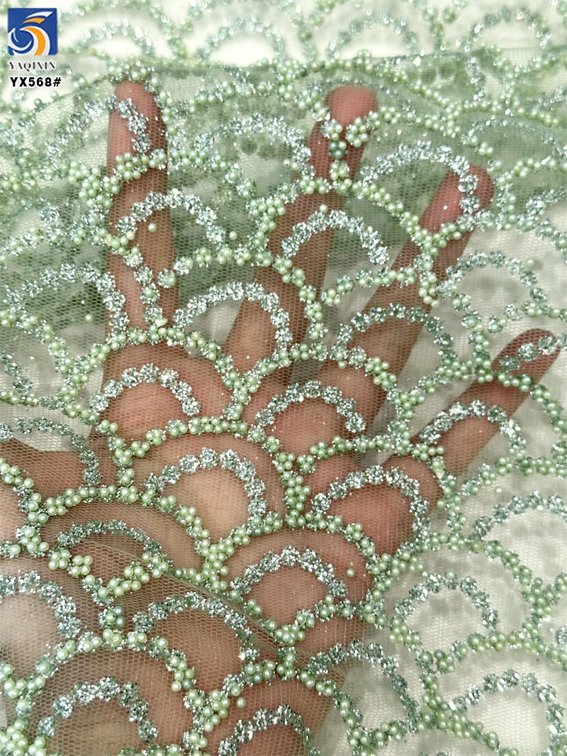 YX568 Low MOQ Custom Design African Nigerian Lace Tulle Knitted Green Beads Sparkle Glitter Lace Mesh Tulle Fabric - 图片 4