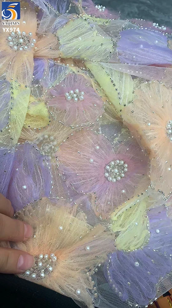 YX974 Colorful Digital Printing Big Flowers 3D Heavy Embroidery Tulle Fabric With Pearls 3D Poly Knitted Mesh Fabric Latest - 图片 3