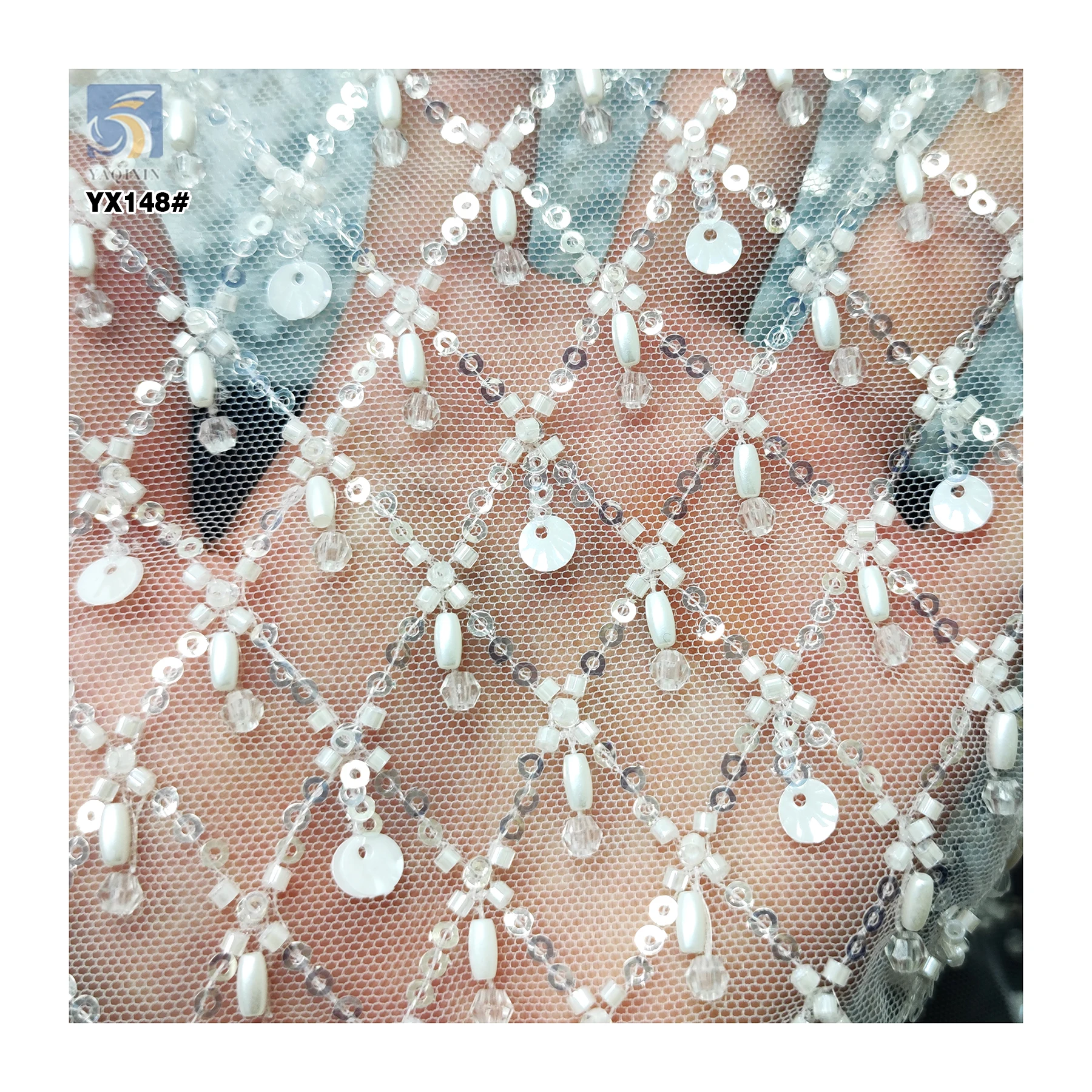 White Sequins Checkered Bead Embroidery Lace Fabric for Wedding High Quality Heavy Beaded Bridal Lace Fabric - 图片 5