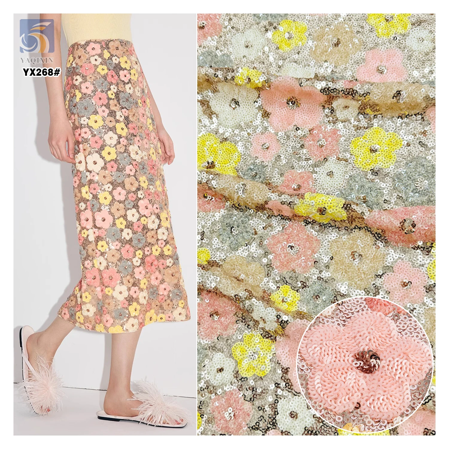 YX268 High-end 500gsm Flower Multicolor Heavyweight Embroidery Sequin Fabric for Clothing