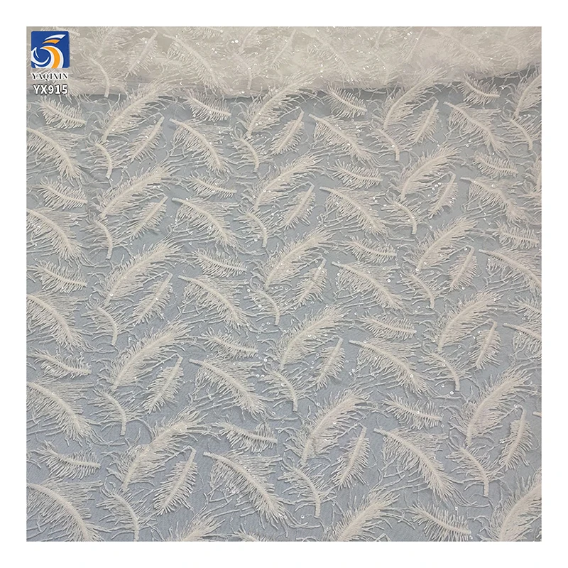YX915 Multicolor Wholesale 3D White Feathers Lace Tulle Fabric 100 Polyester Milk Silk Embroidery Lace Fabric With Sequins - 图片 6
