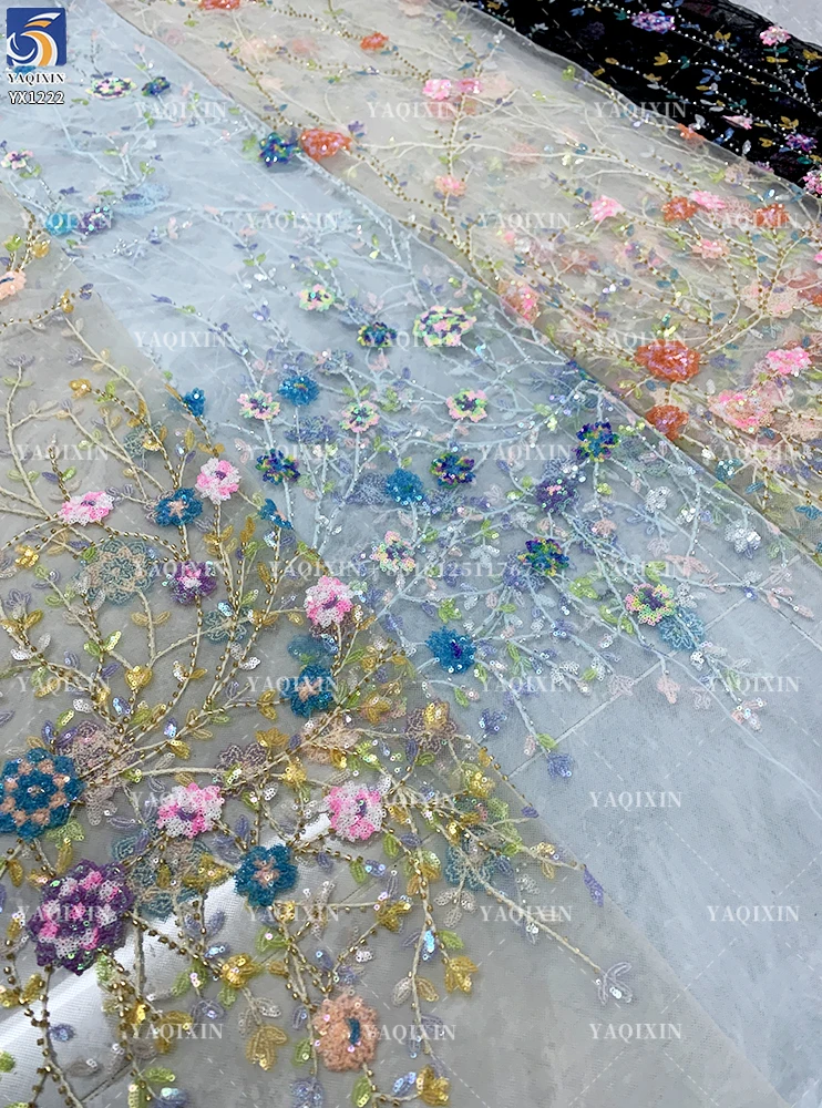 YX1222 Exquisite Colorful Sequins Embroidery Dresses Lace Mesh Flowers Fabric for Girls Skirts Shiny Flowers Dress Fabric - 图片 6