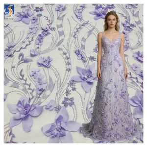 YX1264 Latest Design in China Pearl 3D Embroidery Lavender Purple Fabric 5 Yards Purple Flowers Mesh Fabric With Sequins