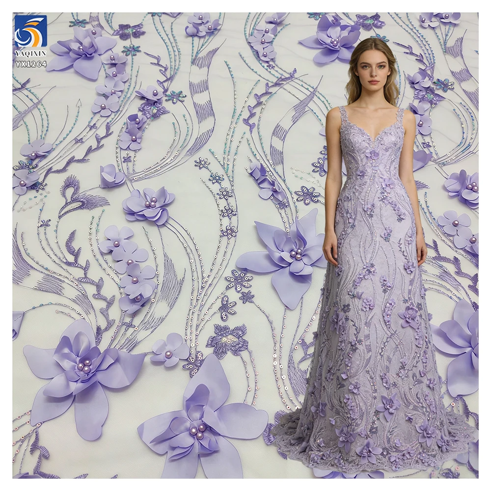 YX1264 Latest Design in China Pearl 3D Embroidery Lavender Purple Fabric 5 Yards Purple Flowers Mesh Fabric With Sequins