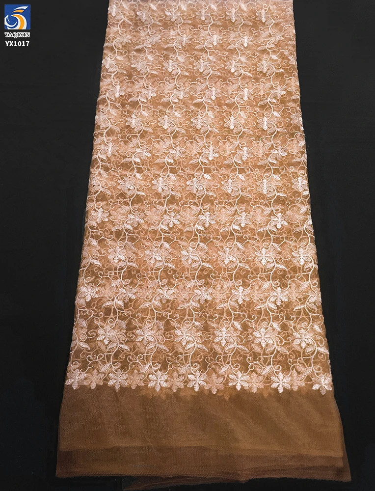YX1017 Light Apricot Polyester Embroidered Florals Chinese Tulle Fabrics 3-Day Custom Embroidered Mesh Fabrics by 300 Yards - 图片 3