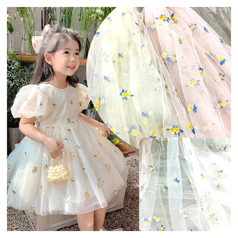 Polyester Tulle Embroidered Fabric With Daisy Sunflower Embroidery Design Tulle Mesh Fabric Girl Dress Fabric