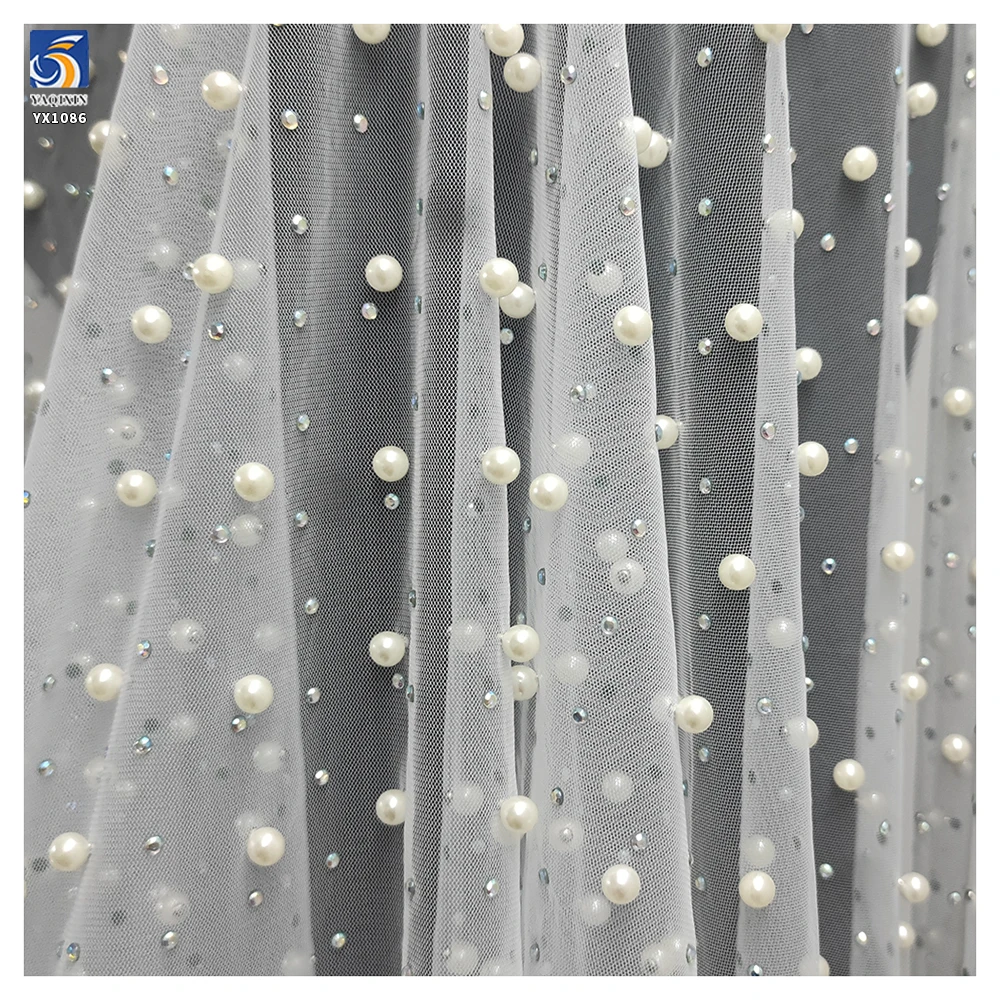 Luxurious Bead Wedding Tulle Mesh Lace Fabric with Pearl Diamond High Quality Handcrafted Dense 3D Beads - 图片 5
