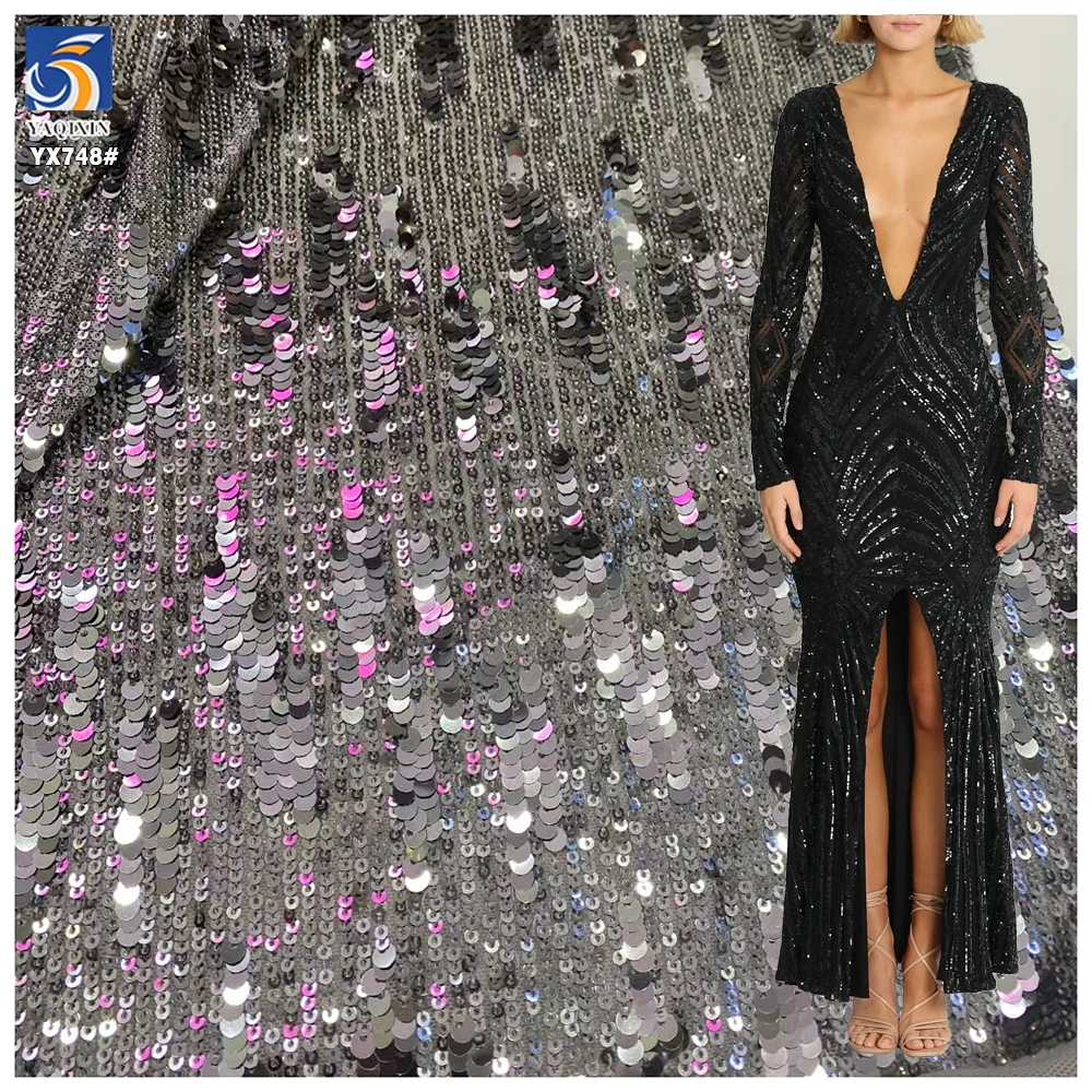 YX748 250gsm Elastic Mesh Embroidery 3MM+5MM Straight Metallic Sequin Fabric Fashionable Women's Skirts Sequin Fabric