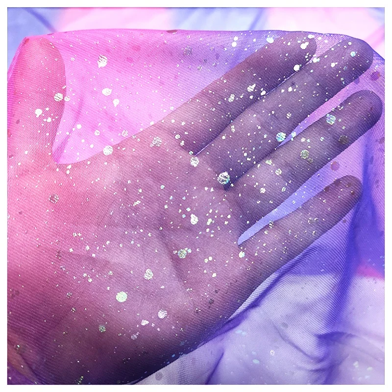 YX2044 2025 Hot Dirty Pink Purple Tulle Fabric Rainbow Gradient Ombre Tulle Fabric With Silver Glitter - 图片 4