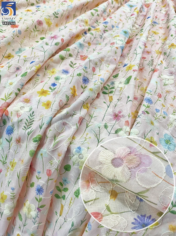 YX1266 2026 100% Polyester Pastoral Style Fresh Dress TC Floral Print & Embroidery Fabric Chiffon Florals Fabric for Garment - 图片 2
